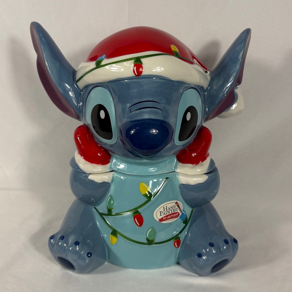 Disney Stitch Christmas Cookie Jar Hand Painted Ceramic Santa Hat Lights - Picture 2 of 12